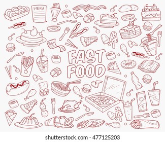 Fast food doodles hand drawn objects and symbols. Fast food sketch cartoon style, vector illustration