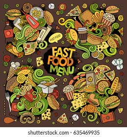 Fast food doodles hand drawn colorful vector symbols and objects