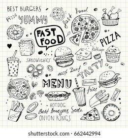 Fast food doodles. Hand drawn vector symbols and objects