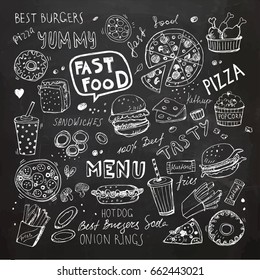 Fast Food Doodles. Hand Drawn Vector Symbols And Objects