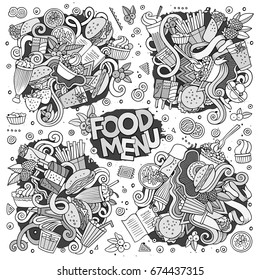 Fast food doodles hand drawn sketchy vector symbols and objects