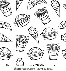 Los garabatos de comida rápida son un fondo sin fisuras. Patrón sin fisuras dibujado a mano en blanco y negro con ilustración vectorial repetida de hamburguesa en caída, pizza, patatas fritas, helado para entrega, paquete, envoltura