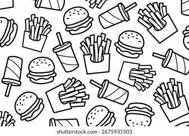 Comida rápida garabatos sin patrón. Diseño de alimentos aislados perfecto para el envasado de comida rápida, Elementos decorativos de utensilios de cocina, Fondo de pantalla para restaurante. Conjunto de ilustración de estilo de dibujos animados