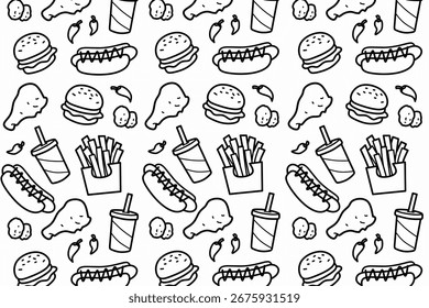 Fast food doodles seamless pattern. Isolated food design perfect for fast food packaging, decorative elements of kitchenware, wallpaper for restaurant. Cartoon style illustration set