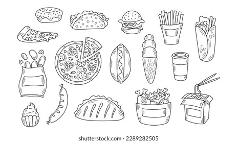 Fast food doodles set. Hand drawn black line art doodle style elements for restaurant, menu, delivery. Burger, taco, pizza, hotdog, chicken, burrito