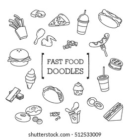 Fast food doodles set. Hand drawing styles Fast food menu