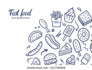 Fast food doodles vector background. Street food background. Snack collection. Junk food