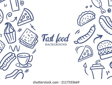 Fast food doodles vector background. Street food background. Snack collection. Junk food