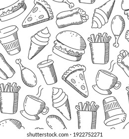 Fast food doodles vector cartoon seamless pattern on a white background.
