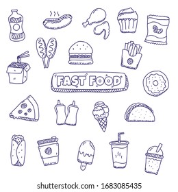 Fast food doodles vector illustration in cute hand drawn style isolated on white background  