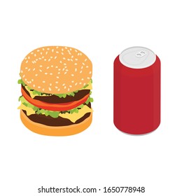 Fast food double burger and drink vector isometric view