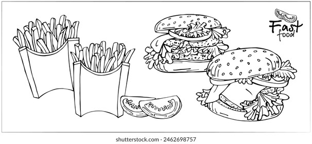 Fast food. Drawings of French fries and burgers. French fries and cheeseburger illustration, delicious popular food, vector image. Stylized images of food from fast food restaurants