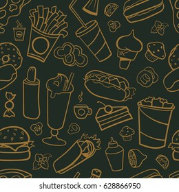 Fast food drawings seamless pattern. Line arts with dark background.