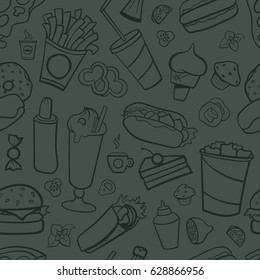 Fast food drawings seamless pattern. Line arts with dark background.
