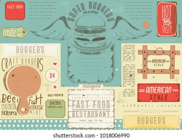 Fast Food Drawn Menu Design. Burger Placemat for Restaurant and Cafe. Hamburger Menu. Vector Illustration. 