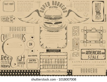 Fast Food Drawn Menu Design. Burger Placemat for Restaurant and Cafe. Hamburger Menu on Craft Paper. Vector Illustration.