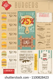 Fast Food Drawn Menu Design. Burgers Menu for Restaurant and Cafe. Vertical Format. Vector Illustration