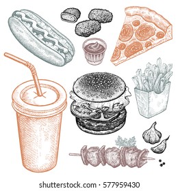 Fast food and drink. Burger, fries, pizza, nuggets, kebabs, hot dog, beverage isolated on white background. Designed for fast food restaurants and cafes. Vector illustration art set. Vintage.