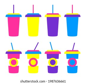 Fast food drink colorful cup with sraw set. Takeaway coffee or milkshake container. Vector bright illustration