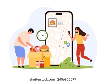 Fast food and drink delivery mobile app. Tiny people order burger from restaurant for dinner, tracking express delivery to address on city map on smartphone screen cartoon vector illustration