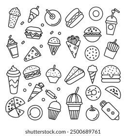 Fast food and drink doodle icons outline collection