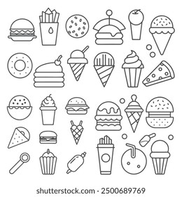 Fast food and drink doodle icons outline collection