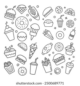 Fast food and drink doodle icons outline collection