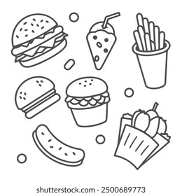 Fast food and drink doodle icons outline collection