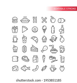 Fast food, drink and groceries line vector icon set. Eggs, bacon, burger fries outline symbols, editable stroke.