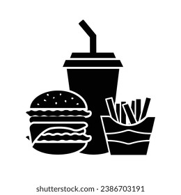 Icono de comida rápida y bebida. Hamburguesa, bolso de patatas fritas y vaso de bebida. Vector en fondo transparente
