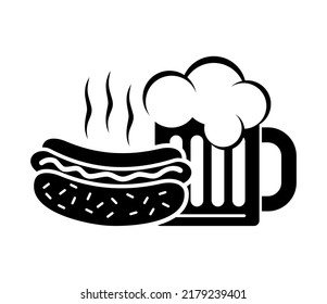 Icono de comida rápida y bebida. Perro caliente y jarra de cerveza de vidrio. Vector en fondo transparente