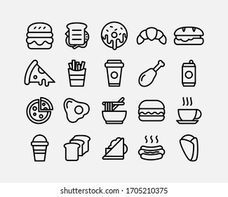 fast food and drink icons set vector line style, editable stroke