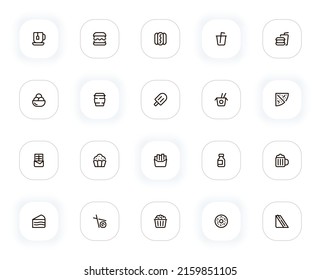 Fast food and drink line icons set. Tea, hamburger, hot dog, soda, ice cream, noodle, cake, pizza. Vector outline pictograms for web and ui, ux mobile app design. Editable Stroke. 24x24 Pixel Perfect.