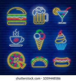 Fast food and drink neon signs set. Bright sign boards on brick wall background. Vector illustration.