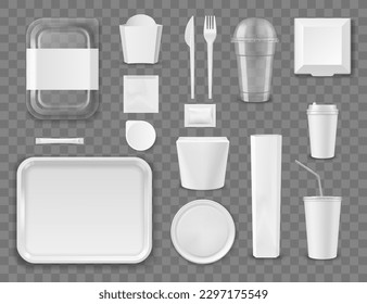 Modelación de la plantilla de vectores de paquetes de comida rápida y bebida, contenedor de cajas, bolsa y taza. Cartón de comida rápida para llevar, paquetes de mockups realistas de envases desechables y de papel para comida rápida y bebidas