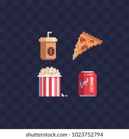 Fast food and drink pixel art icons coffee pizza popcorn and soda isolated vector flat illustration. Design for stickers, logo, mobile app. Video game assets 80s 8-bit sprite sheet. 