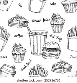 fast food and drink seamless background doodle vector