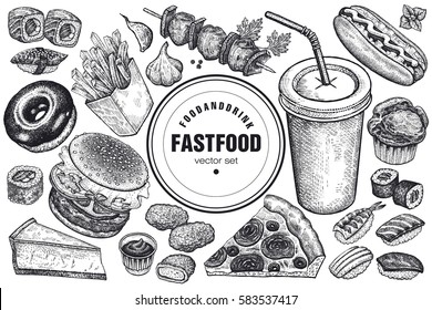 Fast food and drink set. Burger, fries, pizza, sushi, nuggets, kebabs, hot dog, muffin, cheesecake, donut isolated. Designed for fast food cafes. Vector illustration. Vintage art. Black and white.