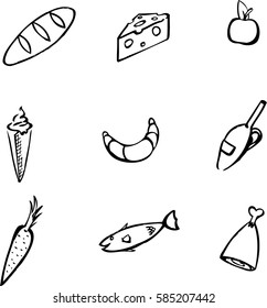 Fast food and drink set.Designed for fast food cafes. Vector illustration. Vintage art. Black and white.