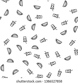 Fast Food And Drink Soda Theme Seamless Pattern. Geometric Vector Unhealthy Restaurant Food Snacks Black Texture And White Background Repeat. Plastic Cup With Ice, Tubule and Bubbles Flat Illustration