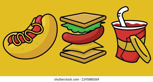 comida rápida y bebida vectorial objeto en un fondo amarillo, perritos calientes, sándwiches y bebidas