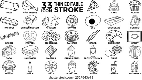 Fast Food and drinks icon set.  Thin Line Icons - Editable Stroke  of Egg, cake, Seafood, chicken, Hotdog, Kabab, 
candy, bread, sweets  drinks, pizza, fish and more line icon.