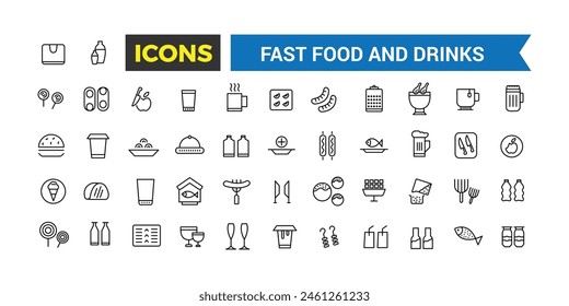 Fast Food And Drinks Line Icons Collection, Bar, Restaurant, Food Icons, Ui Icon Set, Thin Outline Icons Pack, Vector Illustration