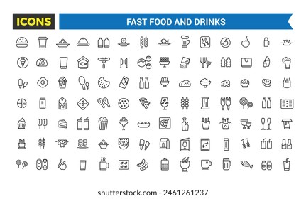Fast Food And Drinks Line Icons Collection, Bar, Restaurant, Food Icons, Ui Icon Set, Thin Outline Icons Pack, Vector Illustration