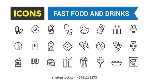 Fast Food And Drinks Line Icons Collection, Bar, Restaurant, Food Icons, Ui Icon Set, Thin Outline Icons Pack, Vector Illustration