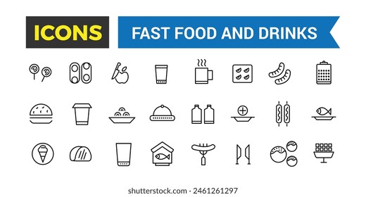 Fast Food And Drinks Line Icons Collection, Bar, Restaurant, Food Icons, Ui Icon Set, Thin Outline Icons Pack, Vector Illustration