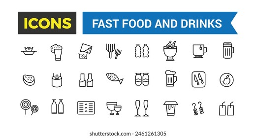Fast Food And Drinks Line Icons Collection, Bar, Restaurant, Food Icons, Ui Icon Set, Thin Outline Icons Pack, Vector Illustration