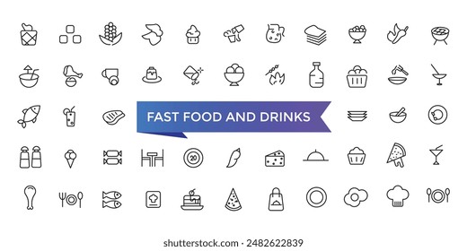 Fast Food And Drinks Line Icons set with editable stroke collection for web and ui. Line icons pack. Vector illustration.