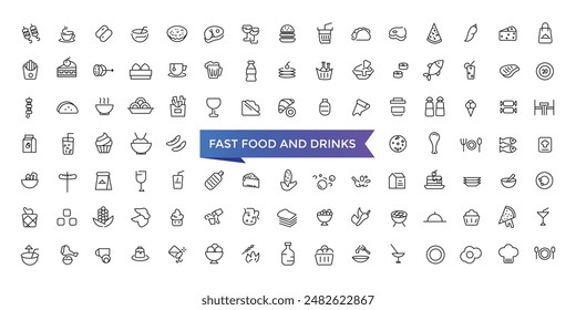 Fast Food And Drinks Line Icons set with editable stroke collection for web and ui. Line icons pack. Vector illustration.