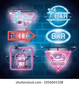 fast food and drinks with neon lights icons